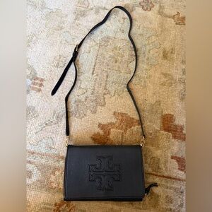 Tory Burch Black Pebbled Leather Embossed Logo Crossbody